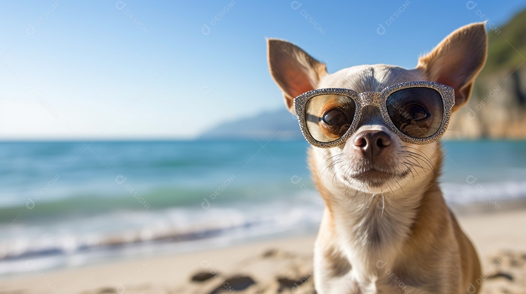 Cachorro fofo aproveitando a praia no dia ensolarado