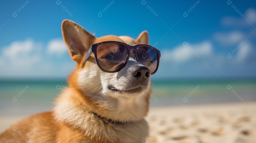 Cachorro fofo aproveitando a praia no dia ensolarado
