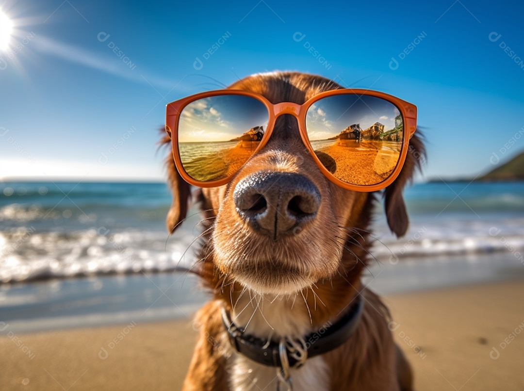 Cachorro fofo aproveitando a praia no dia ensolarado