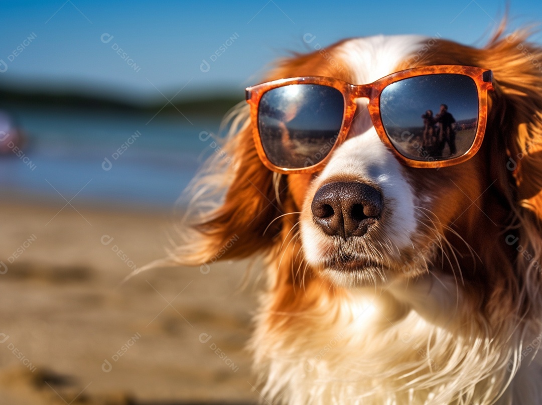 Cachorro fofo aproveitando a praia no dia ensolarado