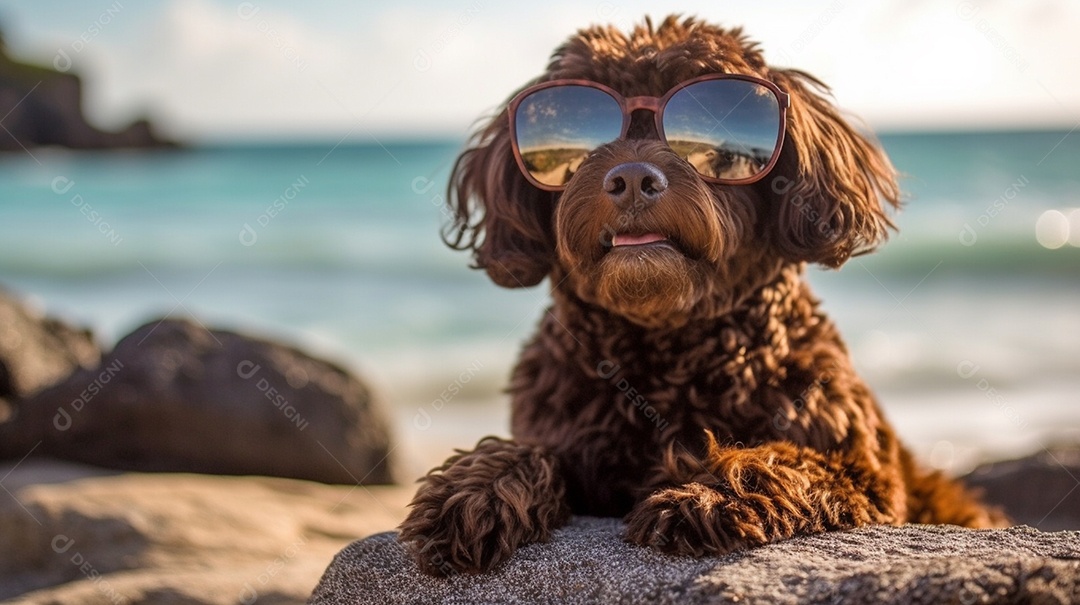 Cachorro fofo aproveitando a praia no dia ensolarado