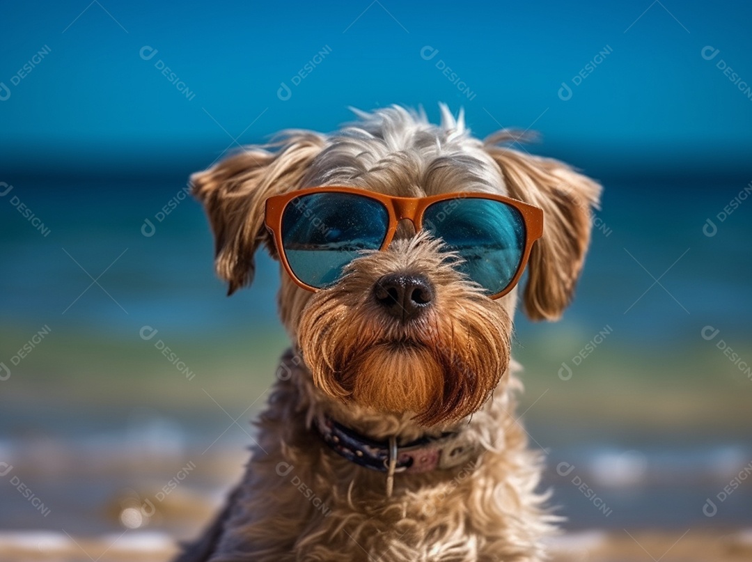 Cachorro fofo aproveitando a praia no dia ensolarado