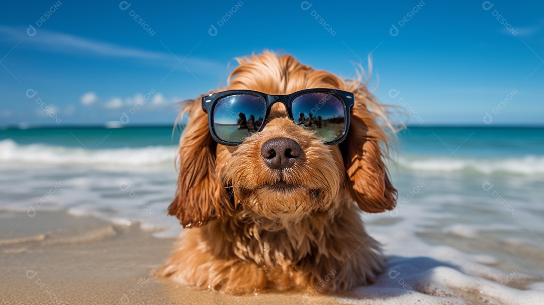 Cachorro fofo aproveitando a praia no dia ensolarado