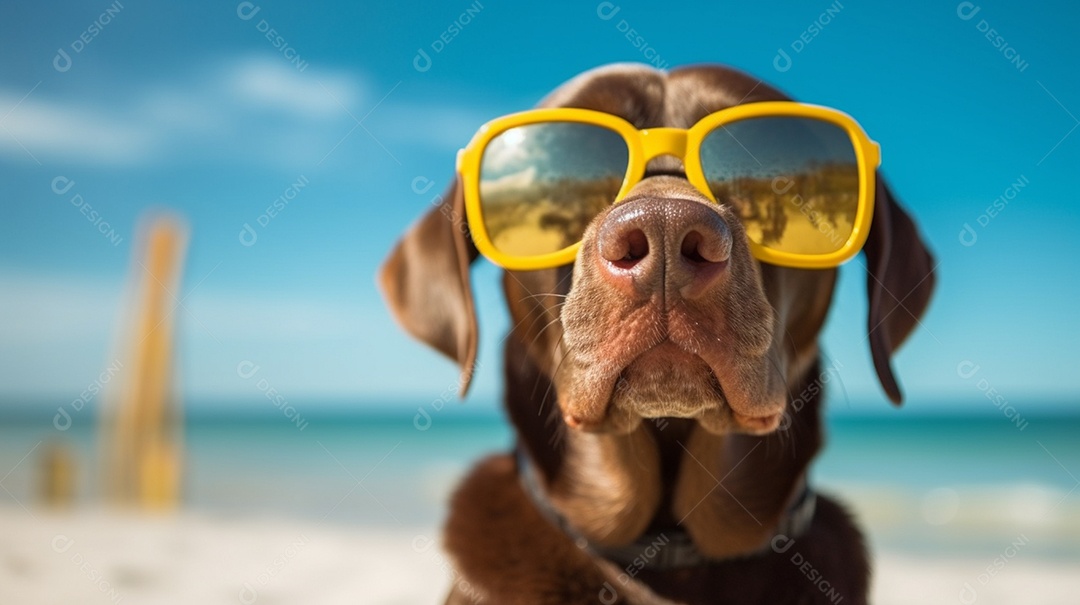 Cachorro fofo aproveitando a praia no dia ensolarado