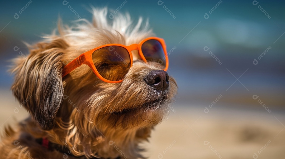 Cachorro fofo aproveitando a praia no dia ensolarado