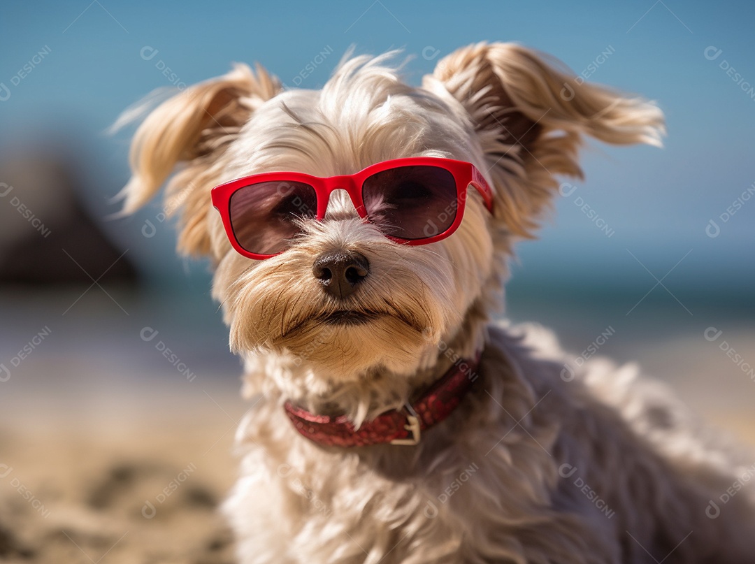 Cachorro fofo aproveitando a praia no dia ensolarado