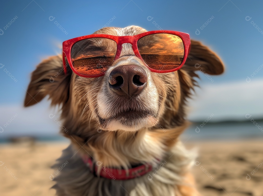 Cachorro fofo aproveitando a praia no dia ensolarado