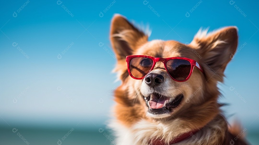 Cachorro fofo aproveitando a praia no dia ensolarado