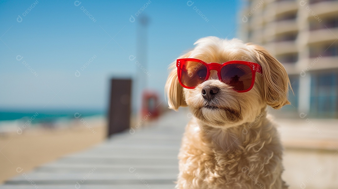 Cachorro fofo aproveitando a praia no dia ensolarado