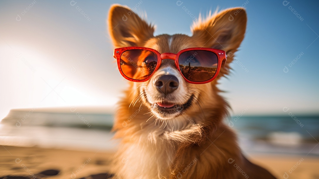 Cachorro fofo aproveitando a praia no dia ensolarado
