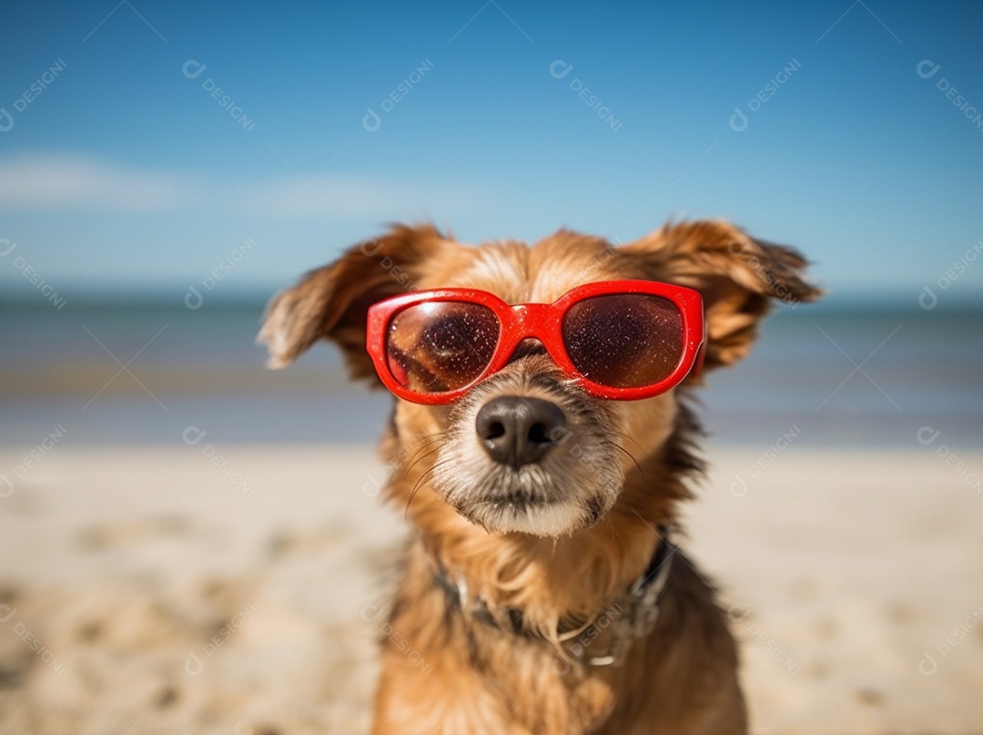 Cachorro fofo aproveitando a praia no dia ensolarado