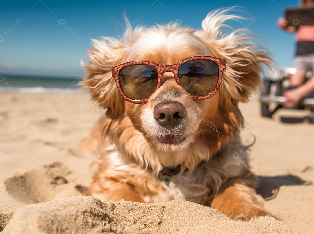 Cachorro fofo aproveitando a praia no dia ensolarado