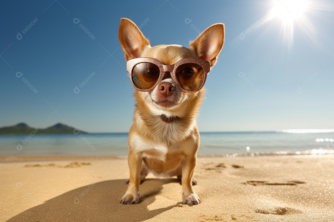 Cachorro fofo aproveitando a praia no dia ensolarado