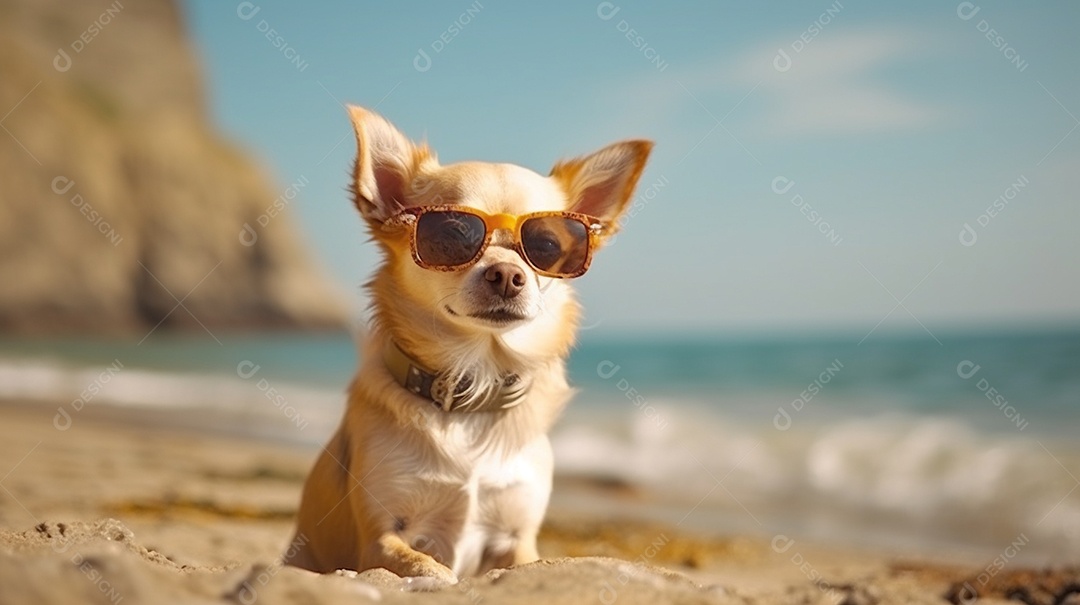 Cachorro fofo aproveitando a praia no dia ensolarado
