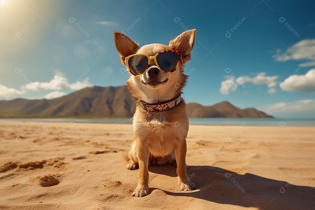 Cachorro fofo aproveitando a praia no dia ensolarado