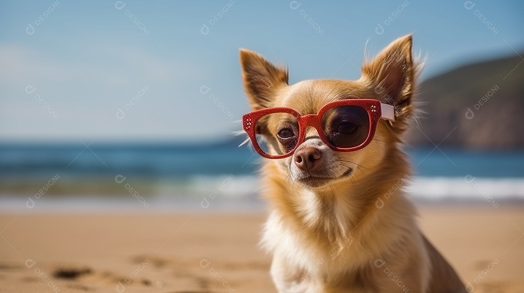Cachorro fofo aproveitando a praia no dia ensolarado