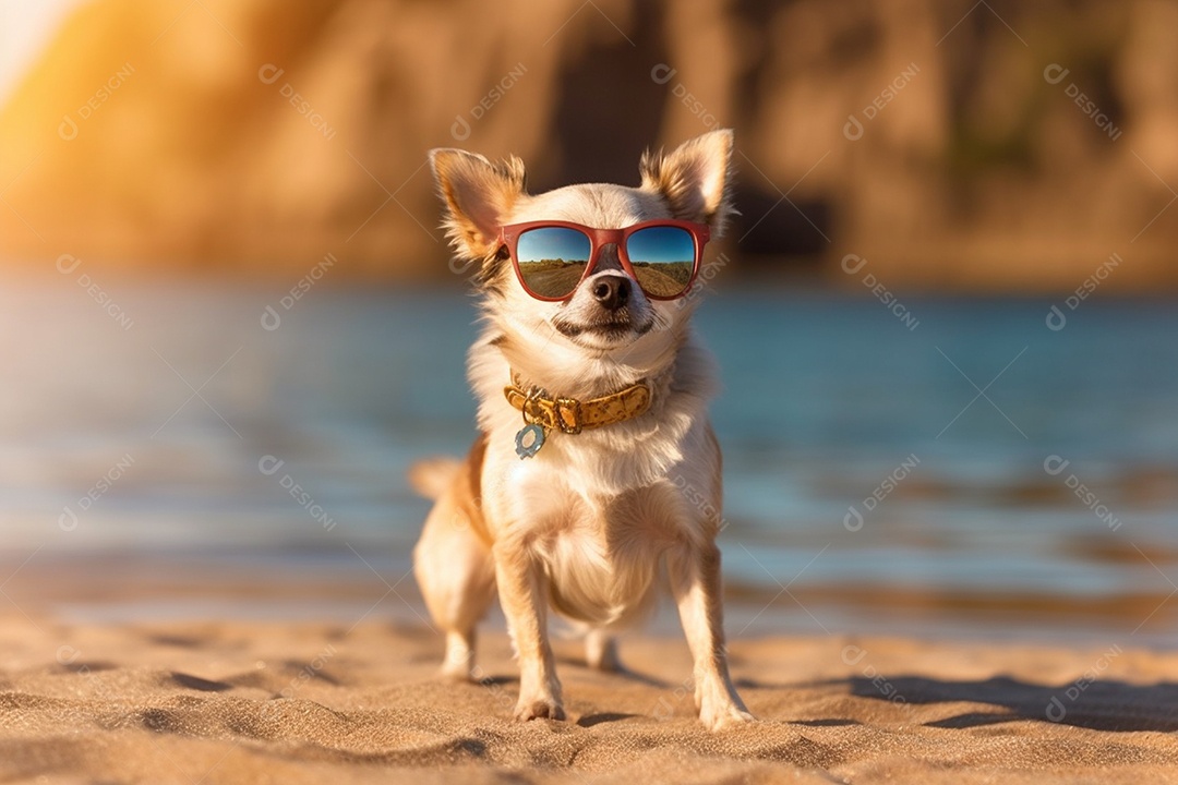 Cachorro fofo aproveitando a praia no dia ensolarado