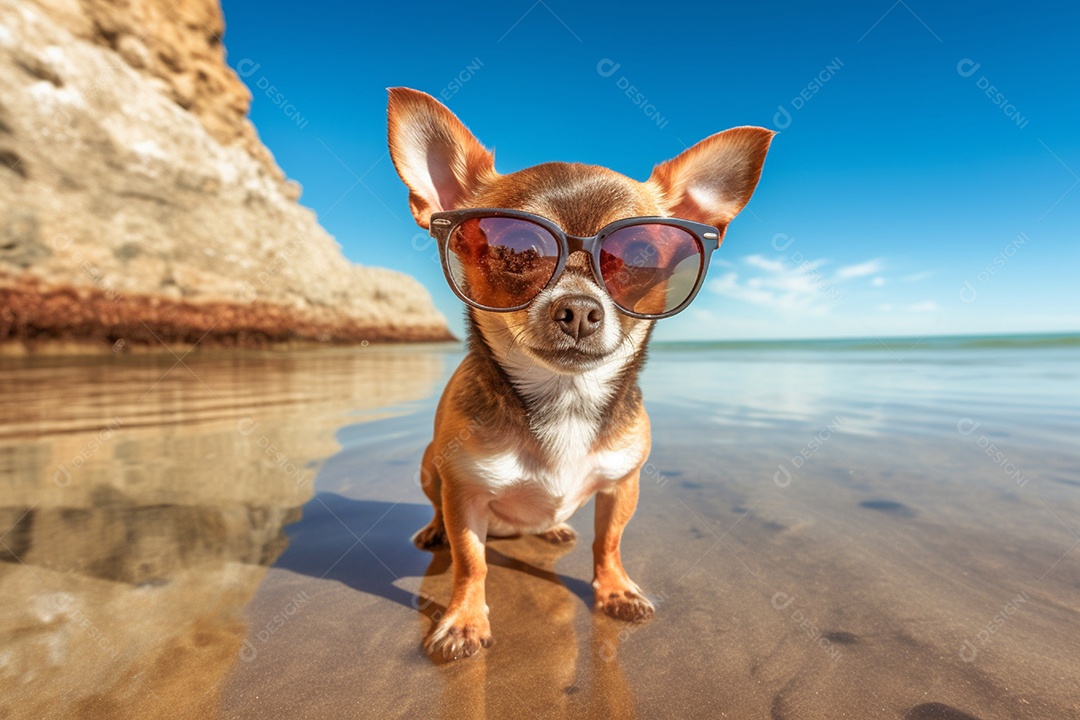 Cachorro fofo aproveitando a praia no dia ensolarado