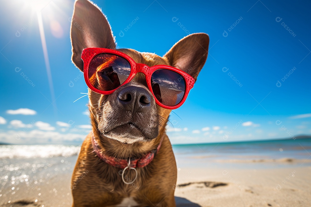 Cachorro fofo aproveitando a praia no dia ensolarado