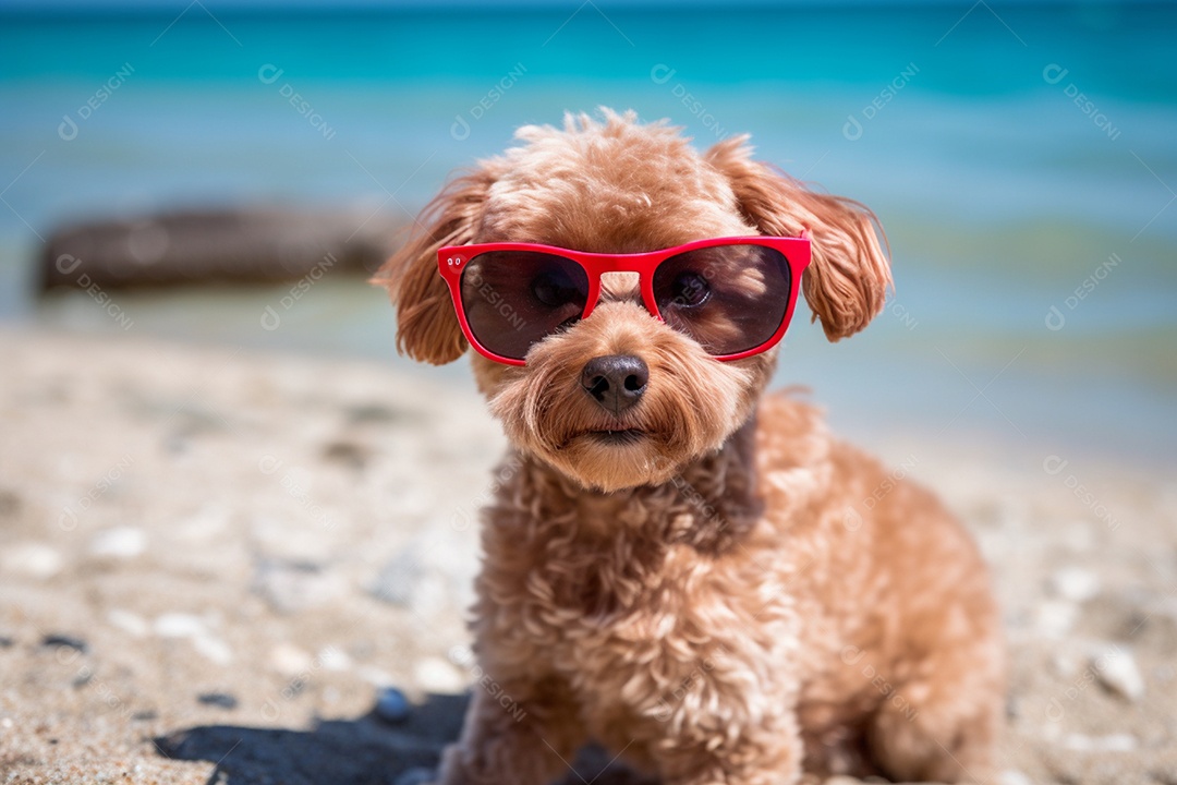 Cachorro fofo aproveitando a praia no dia ensolarado