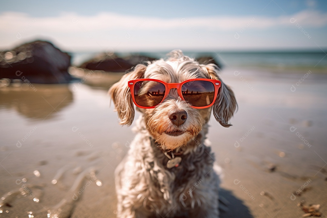Cachorro fofo aproveitando a praia no dia ensolarado