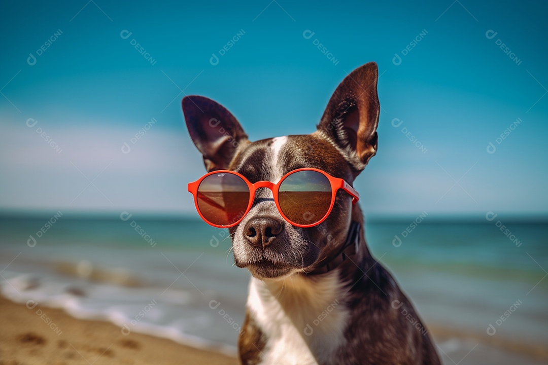 Cachorro fofo aproveitando a praia no dia ensolarado