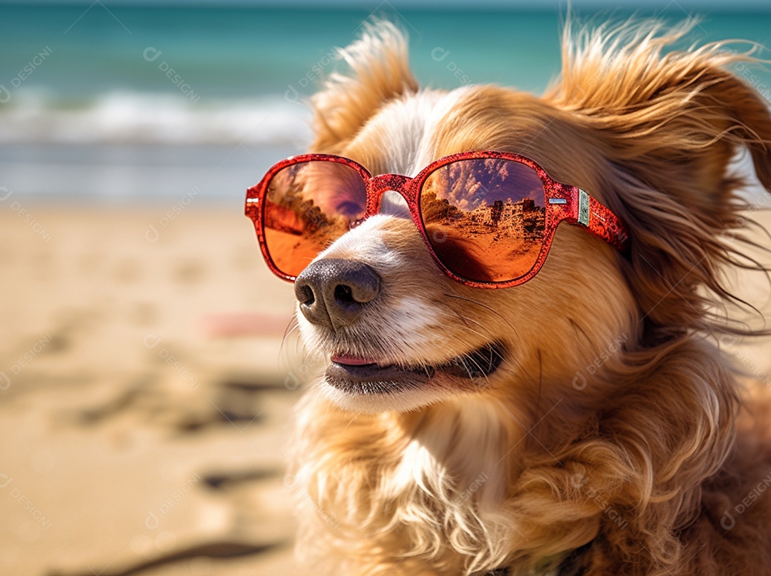 Cachorro fofo aproveitando a praia no dia ensolarado