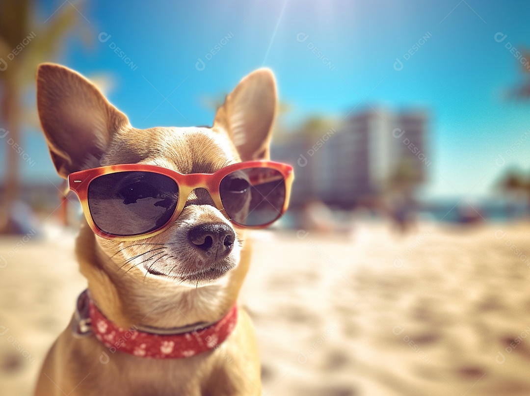 Cachorro fofo aproveitando a praia no dia ensolarado