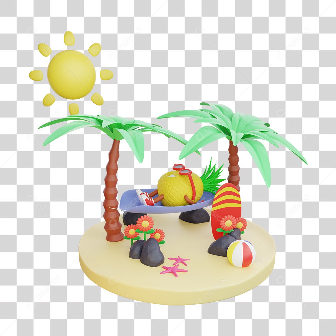 Elemento 3D Praia Verão Curtição para Composição PNG Transparente