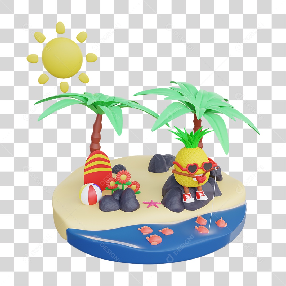 Elemento 3D Praia Verão Curtição para Composição PNG Transparente