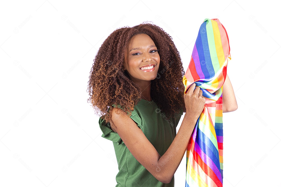 Linda mulher morena garota linda sobre fundo isolado branco segurando bandeira do LGBTQI+