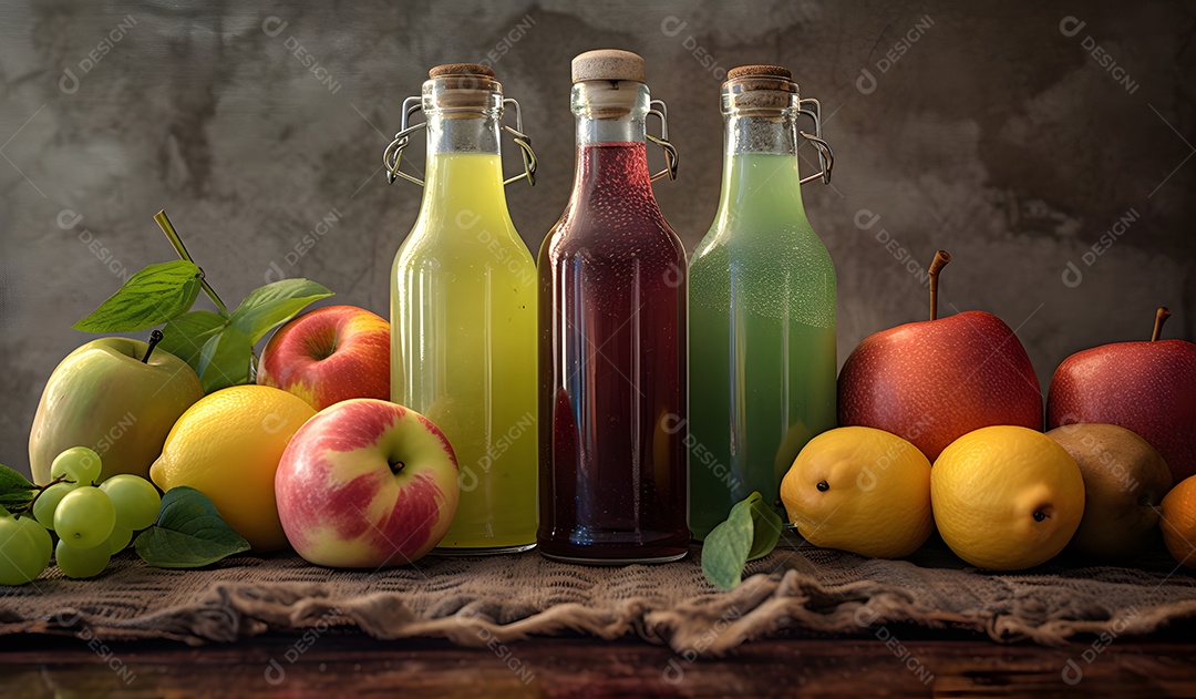 Garrafas De Suco e Várias Frutas Ao Redor