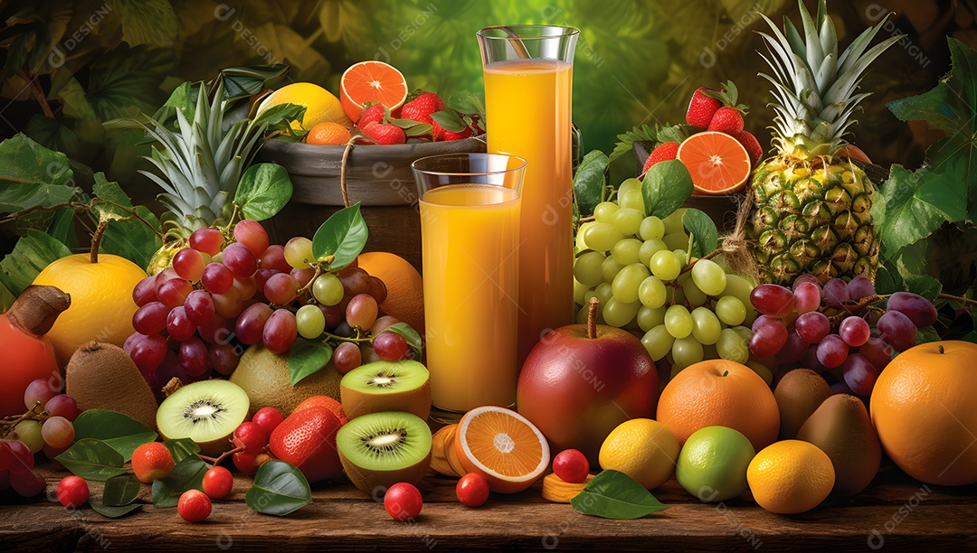 Copos De Suco e Várias Frutas Ao Redor