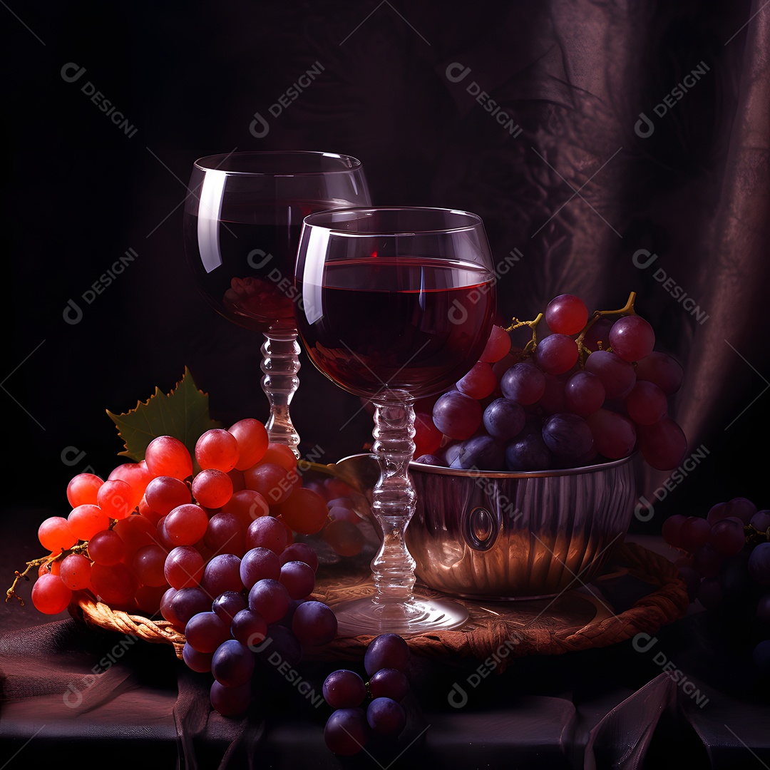 Taça Com Vinho e Várias Uvas Em Fundo Isolado