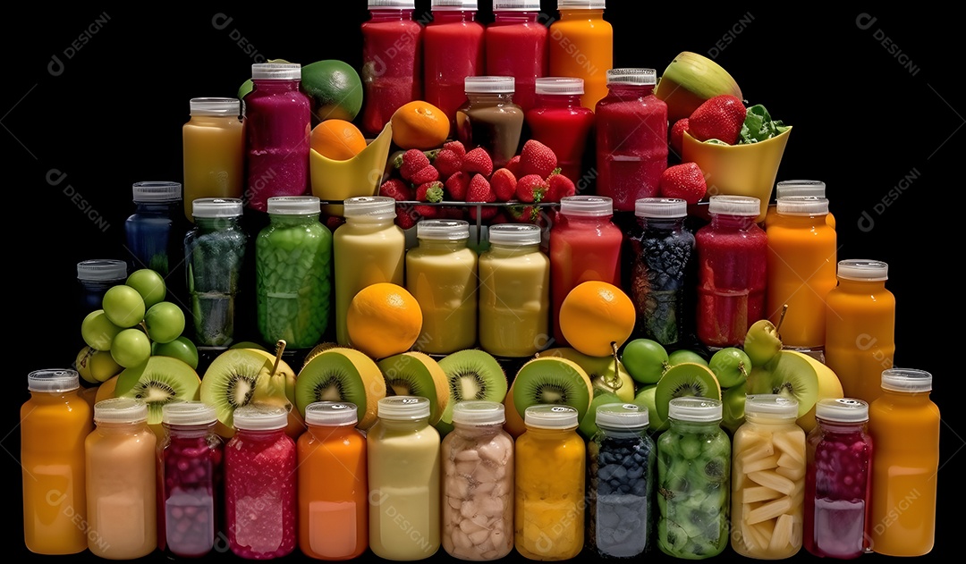 Frascos De Suco e Várias Frutas Ao Redor