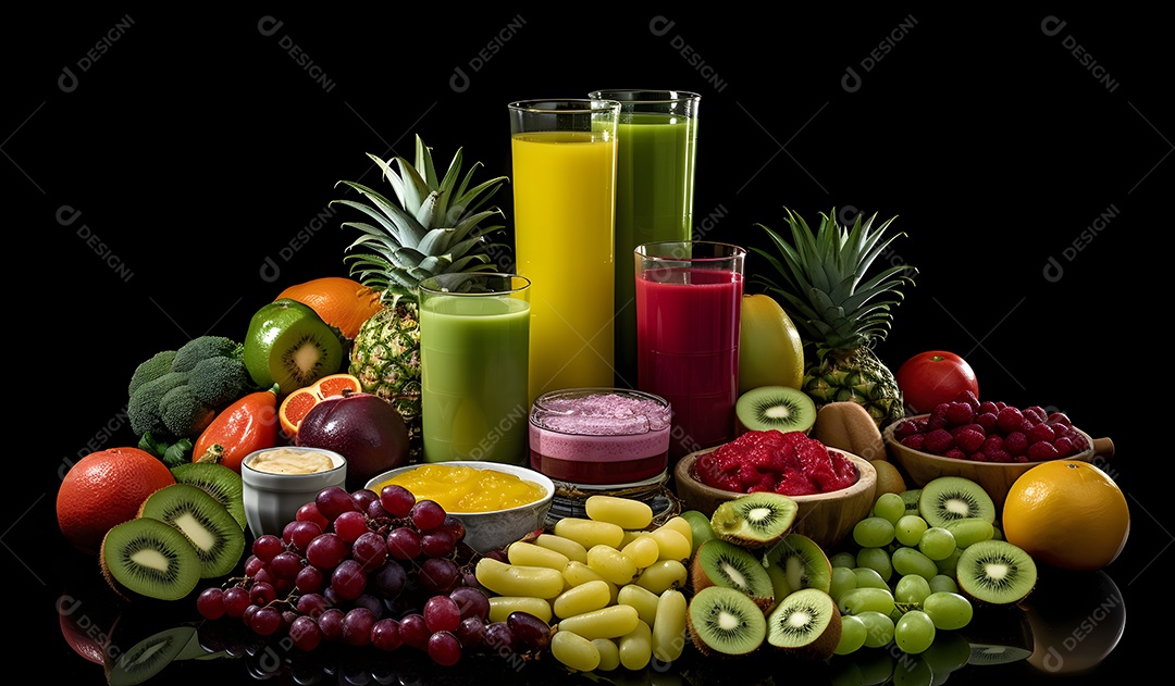 Copos De Suco e Várias Frutas Ao Redor