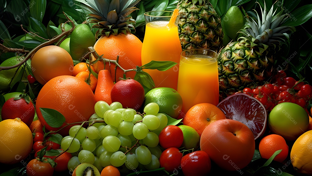 Copos De Suco e Várias Frutas Ao Redor