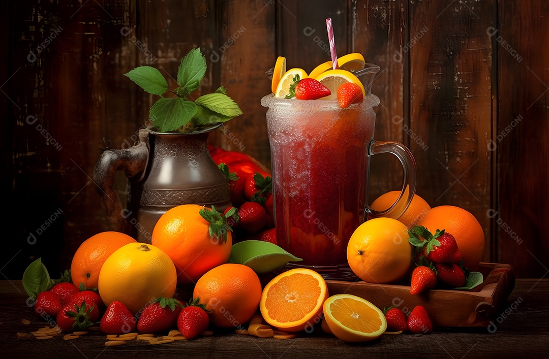 Copo De Drink e Várias Frutas