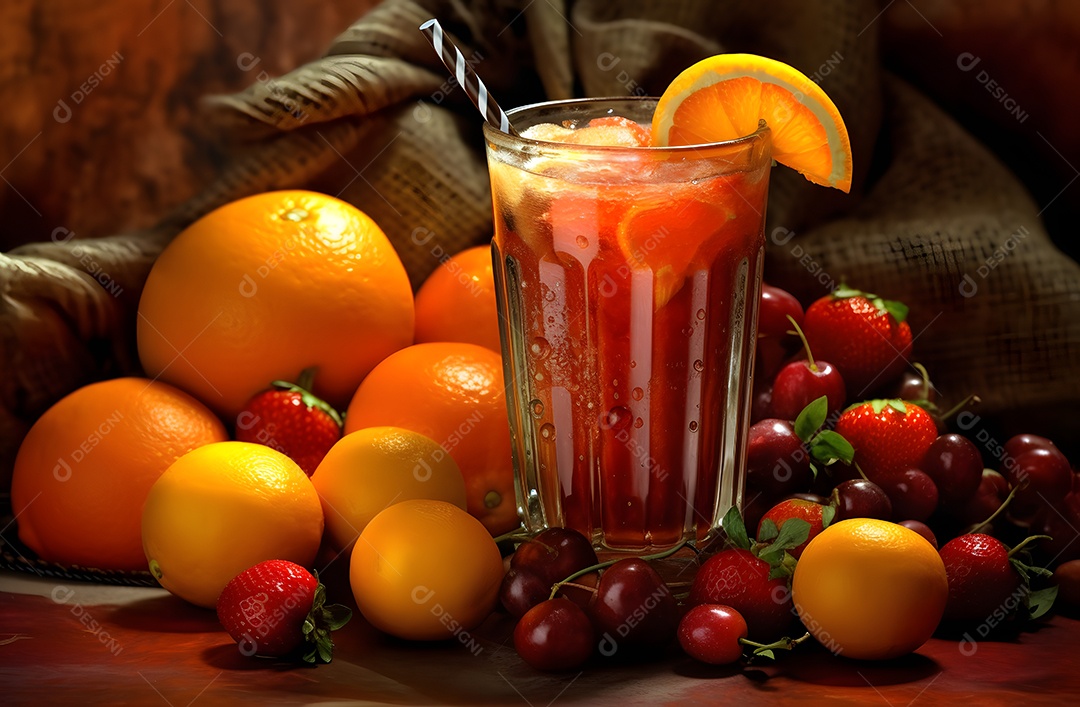 Copo De Drink e Várias Frutas