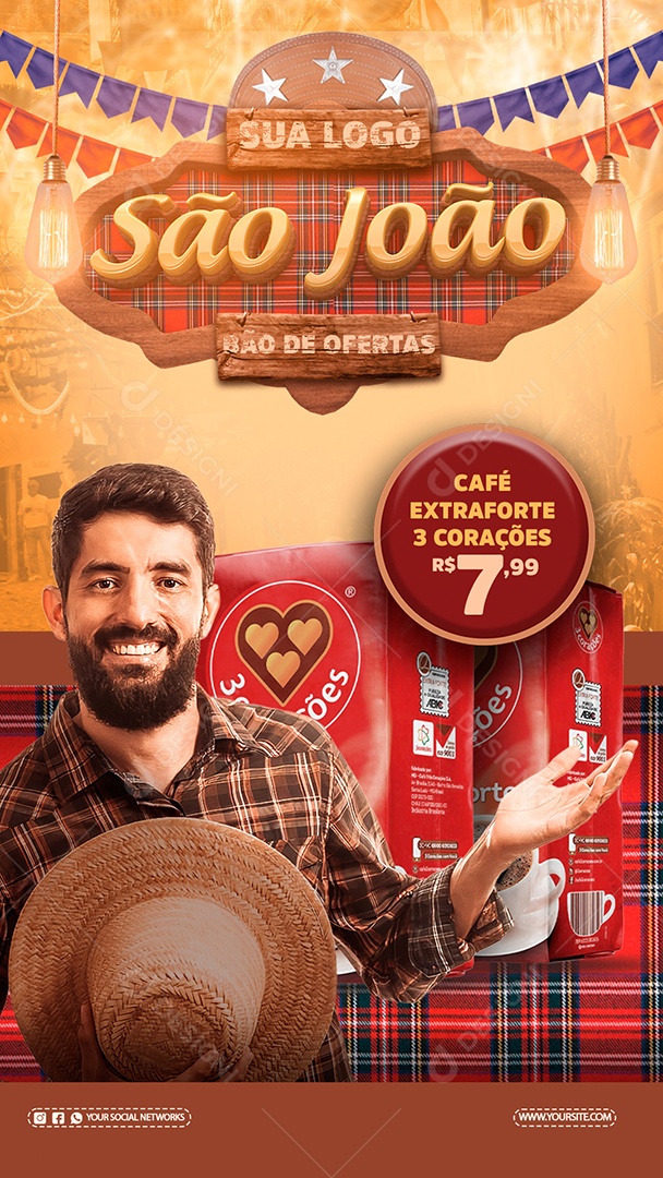 São João Bão De Ofertas Café Extraforte 3 Corações Social Media PSD Editável