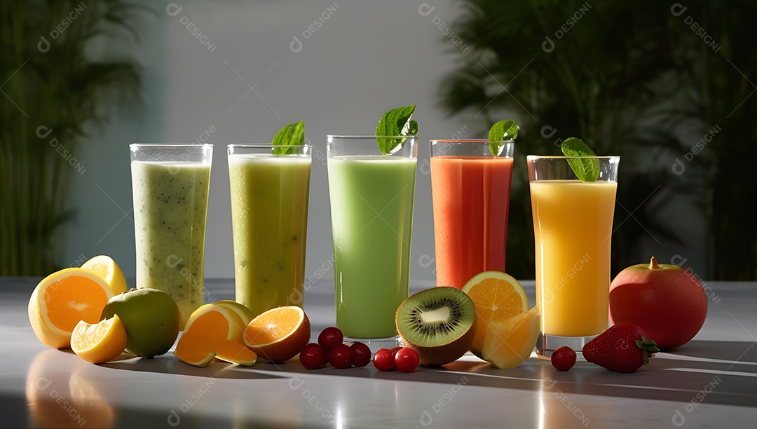 Copos De Suco e Várias Frutas Ao Redor