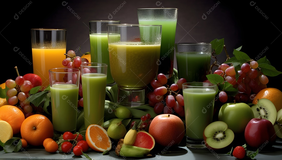 Jarras De Suco e Várias Frutas Ao Redor