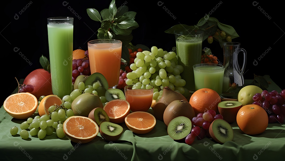 Jarras De Suco e Várias Frutas Ao Redor