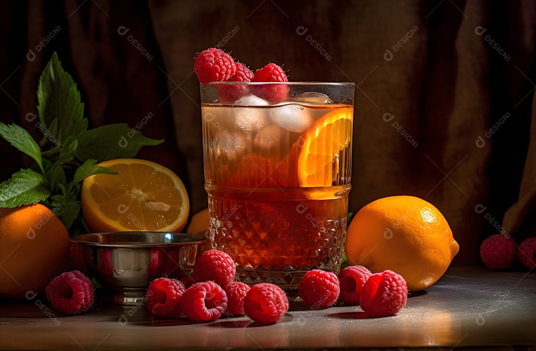 Copo De Drinks e Várias Frutas