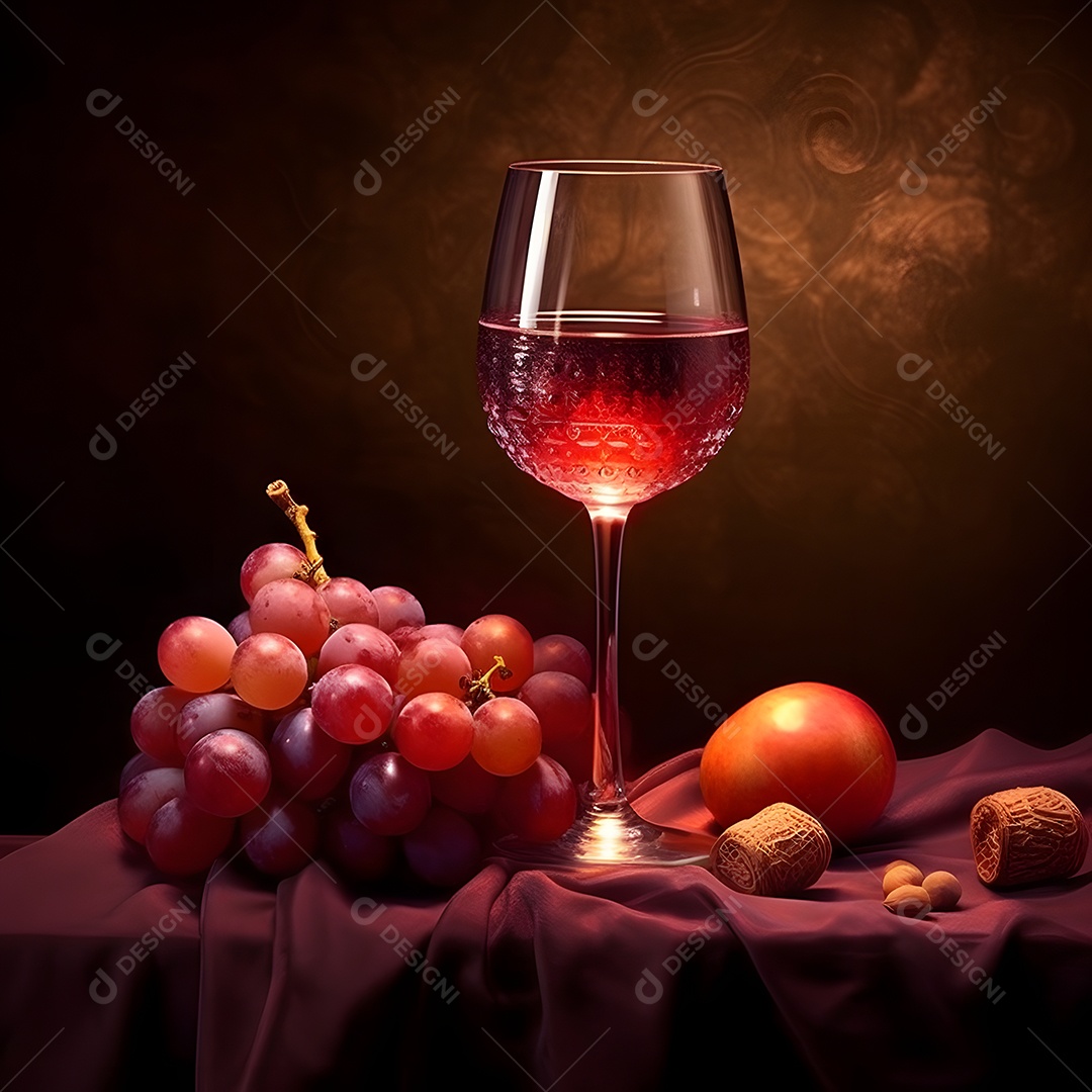 Taça de vinho com uvas sobre a mesa