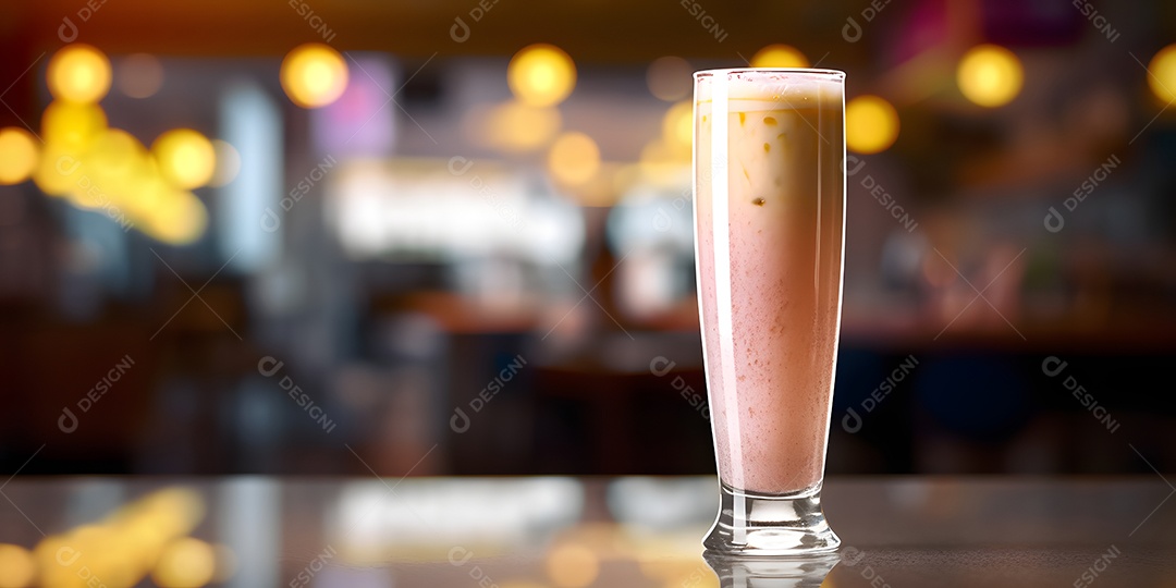 Copo com bebida sobre mesa de madeira