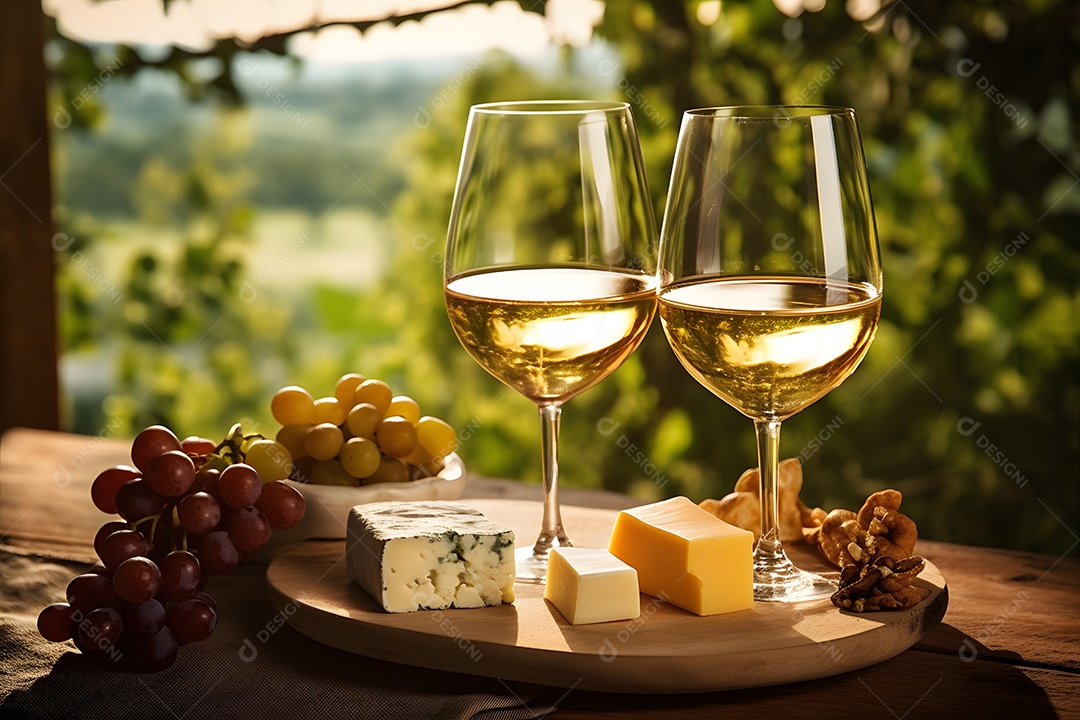 Taças de vinho branco com tábua de petiscos