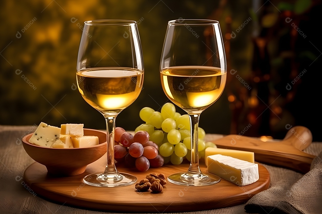 Taças de vinho branco com tábua de petiscos