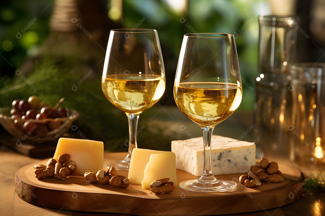 Taças de vinho branco com petiscos sobre tábua de madeira