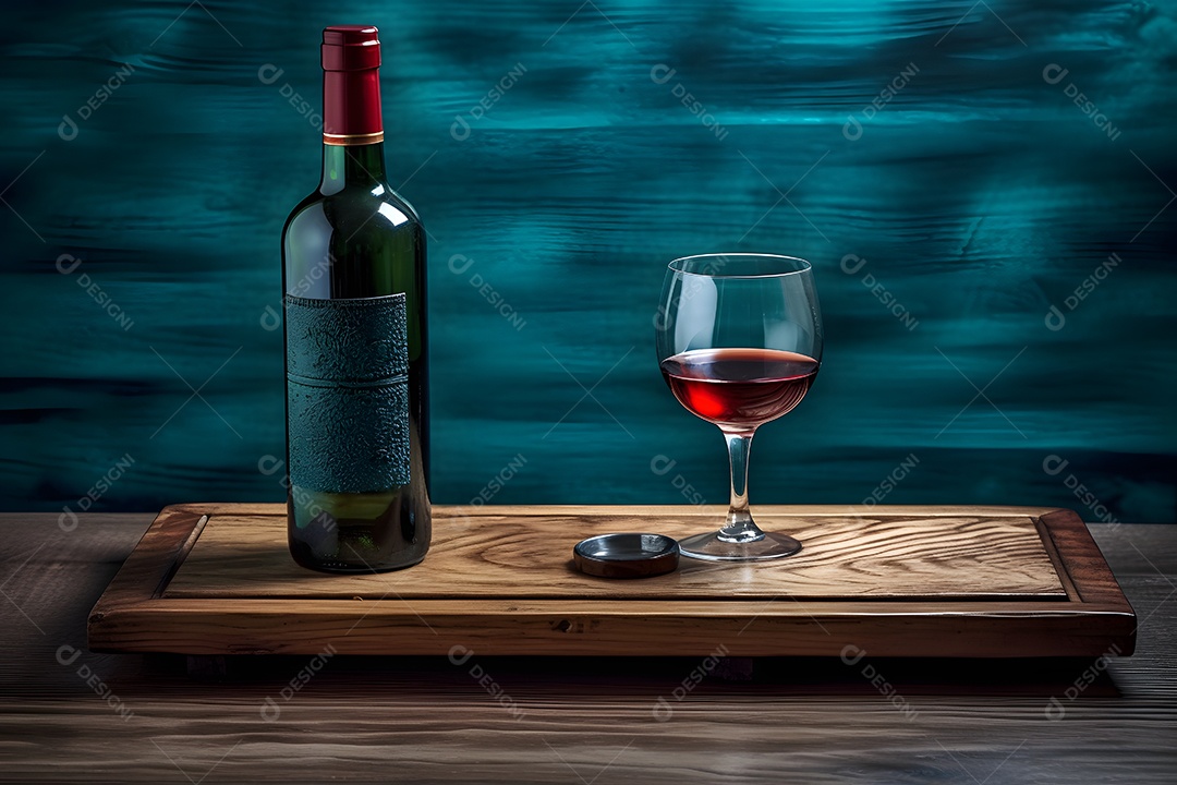 Garrafa e taça de vinho sobre tábua de madeira